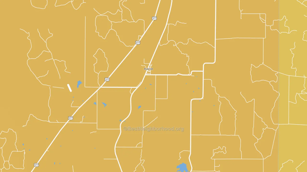 Map of the best neighborhoods in the Placid area, with better matches in green and worse matches in red