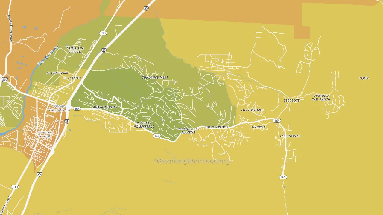 Map of the best neighborhoods in the Placitas area, with better matches in green and worse matches in red