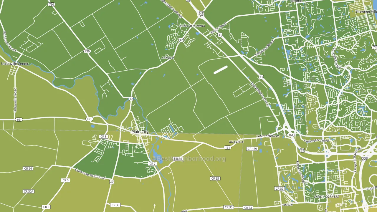 Map of the best neighborhoods in the Plain City area, with better matches in green and worse matches in red