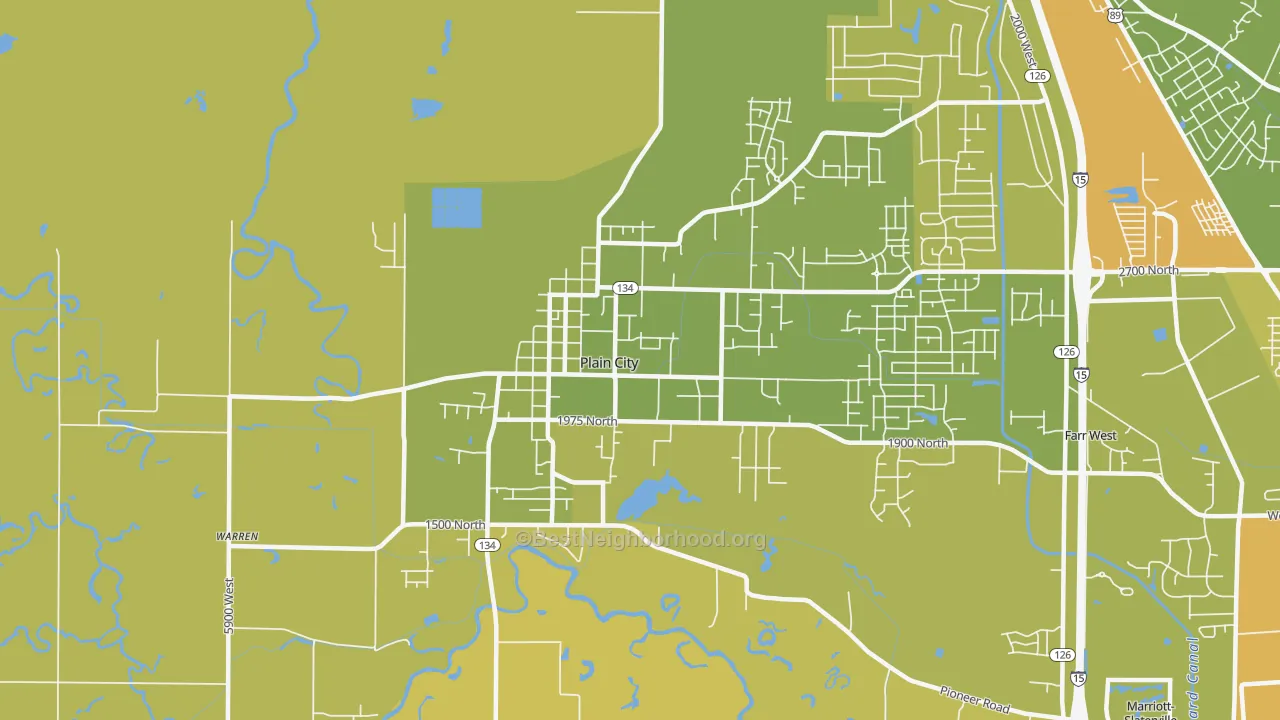 Map of the best neighborhoods in the Plain City area, with better matches in green and worse matches in red