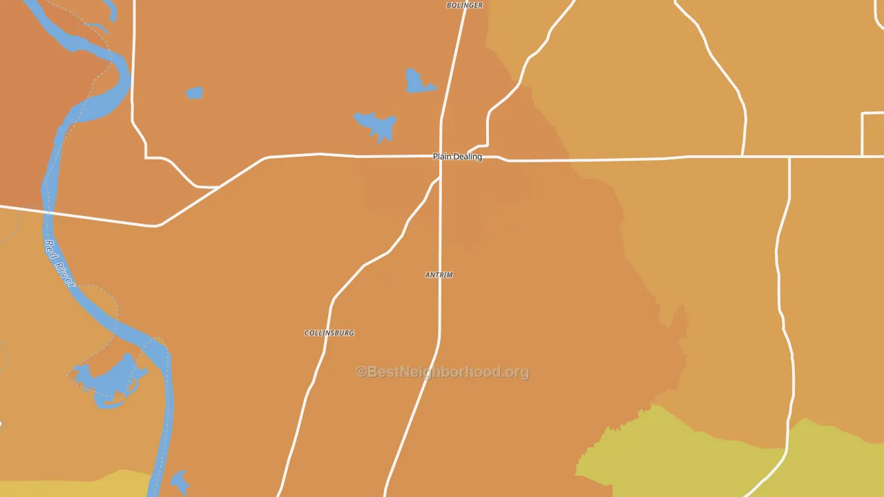 Map of the best neighborhoods in the Plain Dealing area, with better matches in green and worse matches in red
