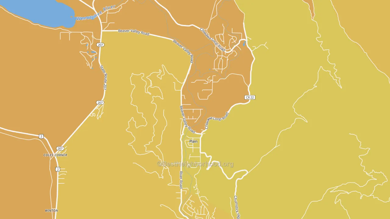 Map of the best neighborhoods in the Plain area, with better matches in green and worse matches in red