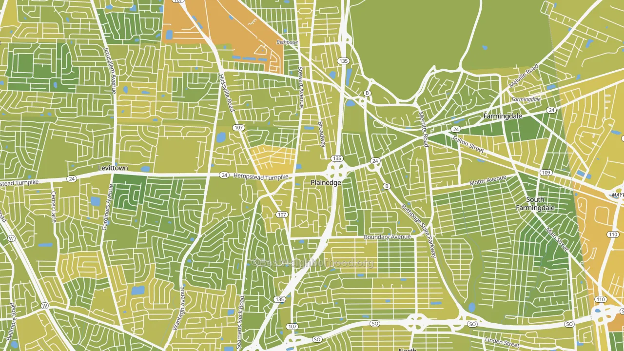 Map of the best neighborhoods in the Plainedge area, with better matches in green and worse matches in red