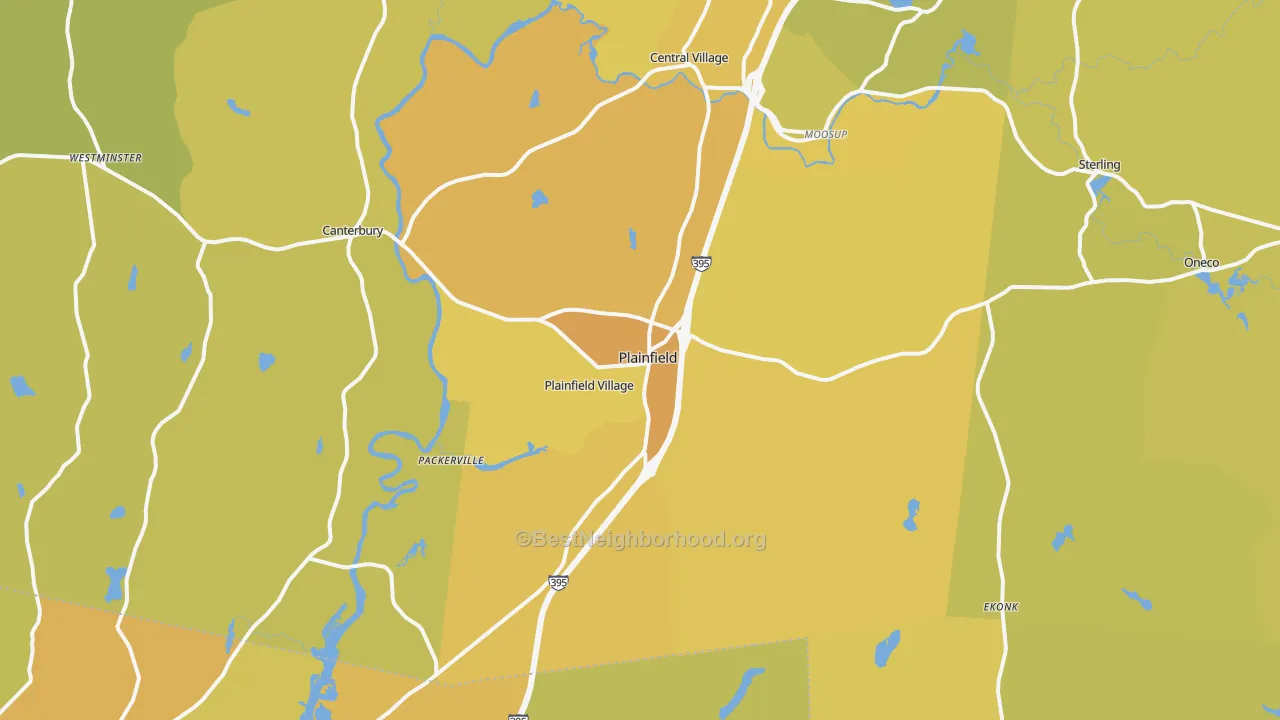 Map of the best neighborhoods in the Plainfield area, with better matches in green and worse matches in red