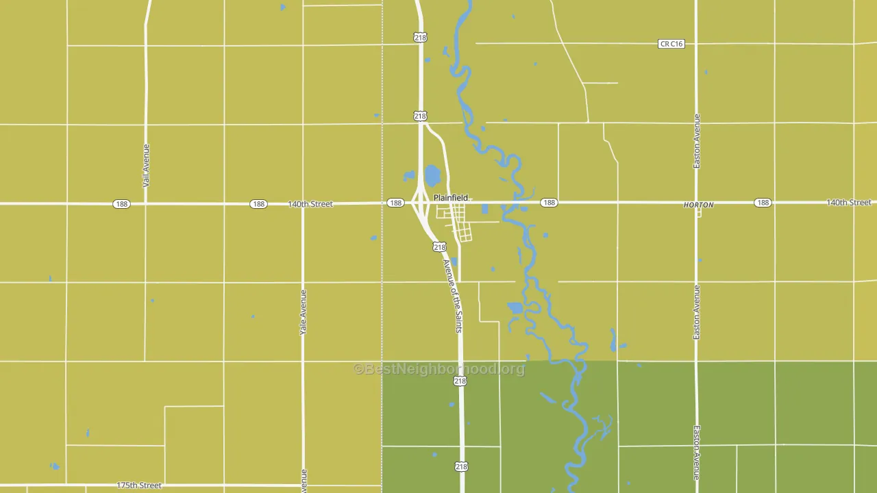 Map of the best neighborhoods in the Plainfield area, with better matches in green and worse matches in red