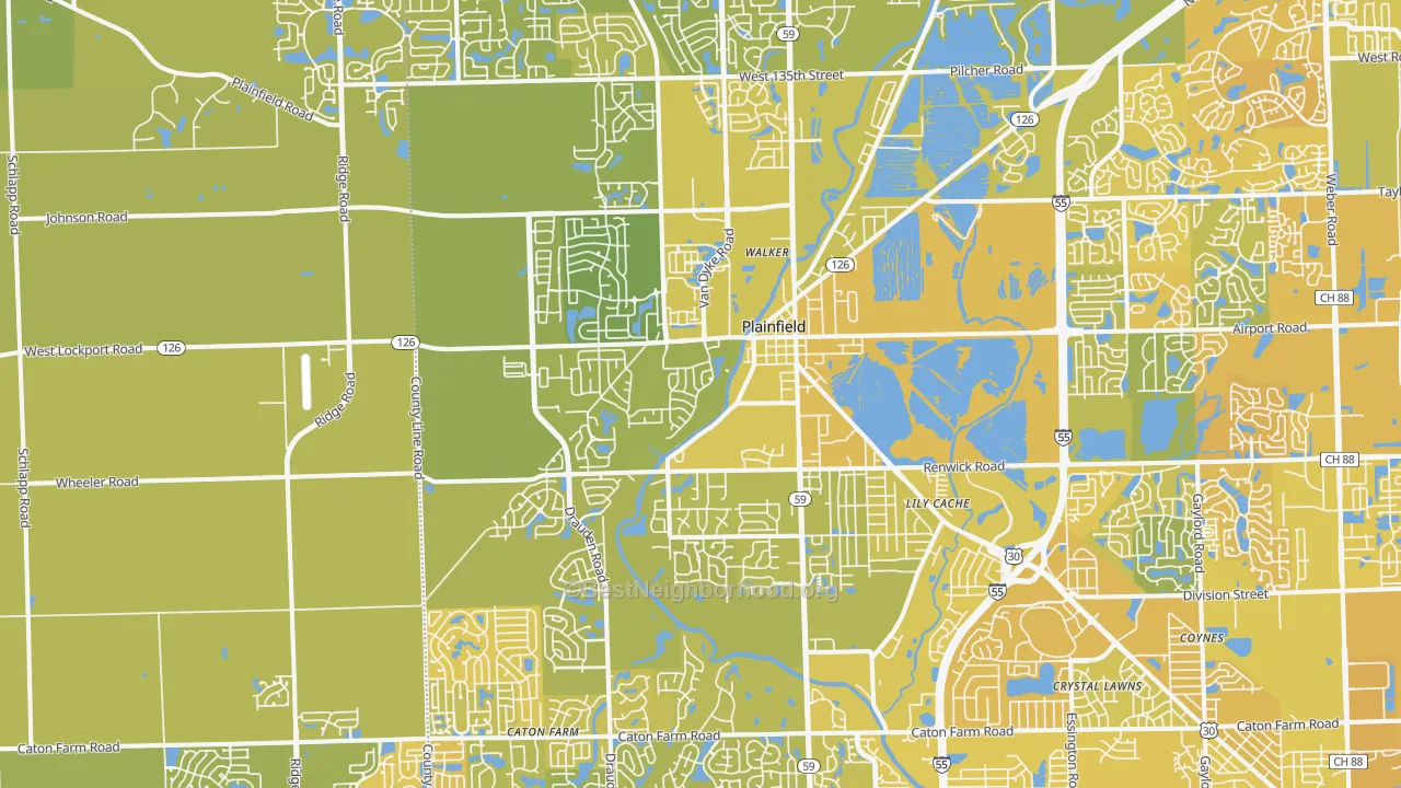 Map of the best neighborhoods in the Plainfield area, with better matches in green and worse matches in red