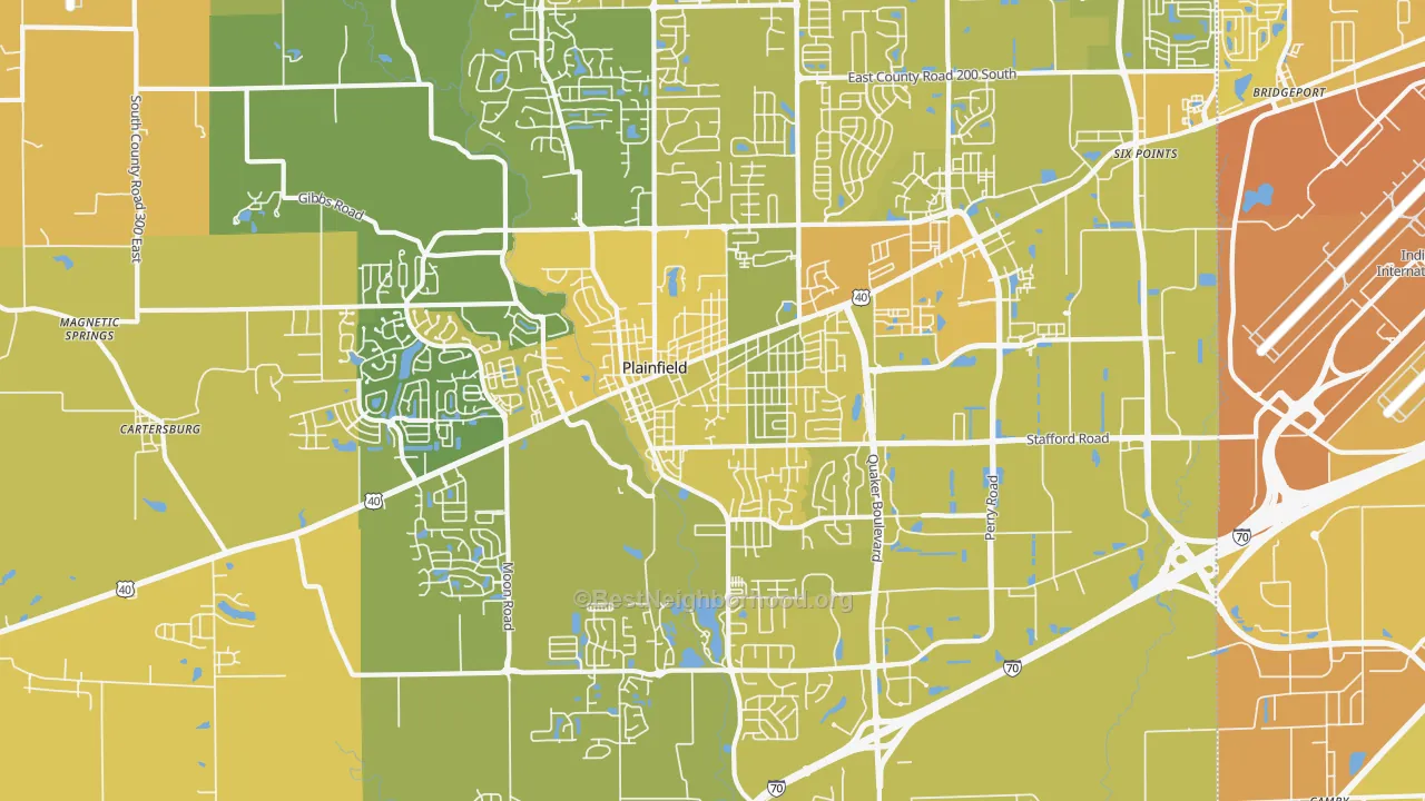 Map of the best neighborhoods in the Plainfield area, with better matches in green and worse matches in red