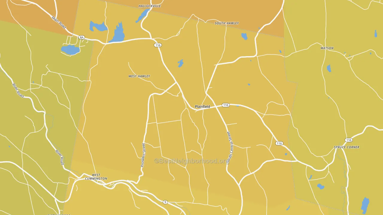 Map of the best neighborhoods in the Plainfield area, with better matches in green and worse matches in red