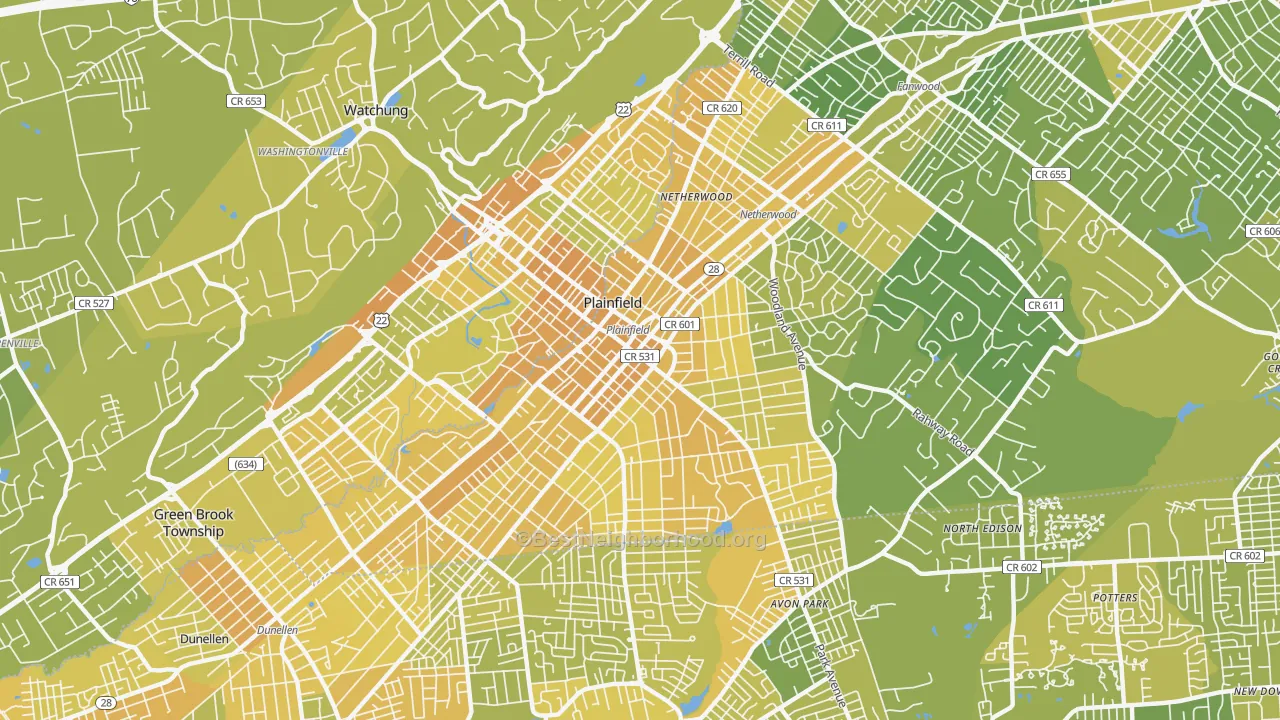 Map of the best neighborhoods in the Plainfield area, with better matches in green and worse matches in red