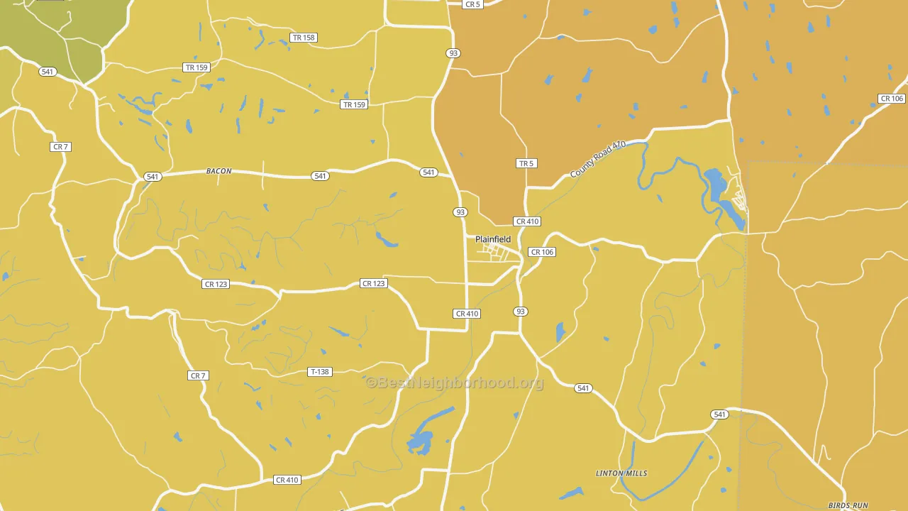 Map of the best neighborhoods in the Plainfield area, with better matches in green and worse matches in red