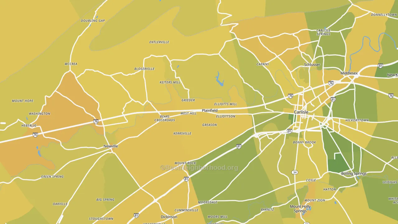 Map of the best neighborhoods in the Plainfield area, with better matches in green and worse matches in red