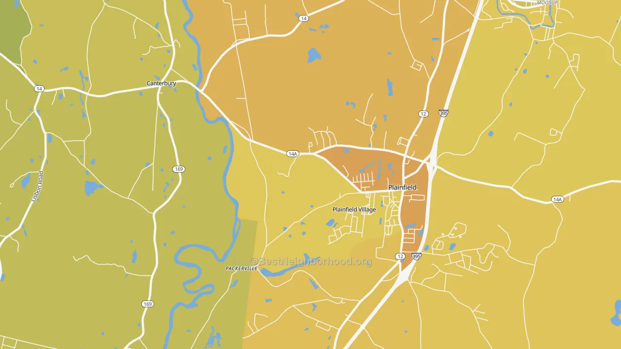 Map of the best neighborhoods in the Plainfield Village area, with better matches in green and worse matches in red