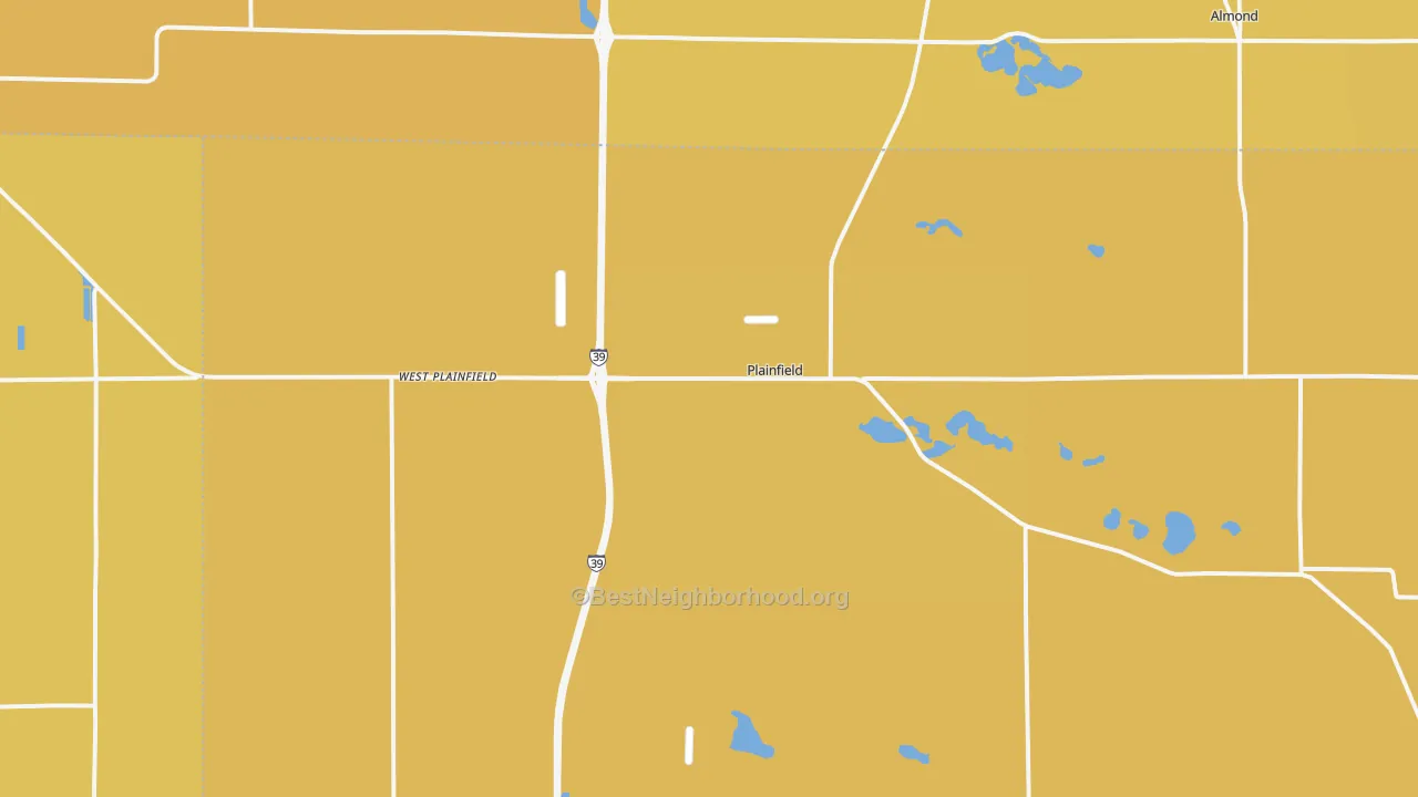 Map of the best neighborhoods in the Plainfield area, with better matches in green and worse matches in red