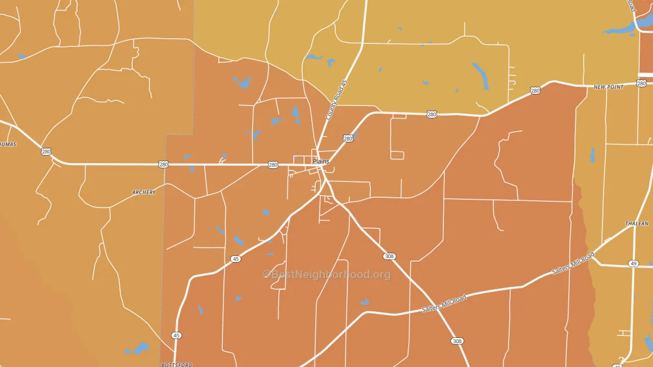 Map of the best neighborhoods in the Plains area, with better matches in green and worse matches in red