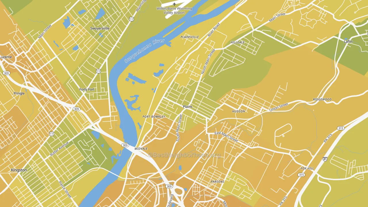 Map of the best neighborhoods in the Plains area, with better matches in green and worse matches in red