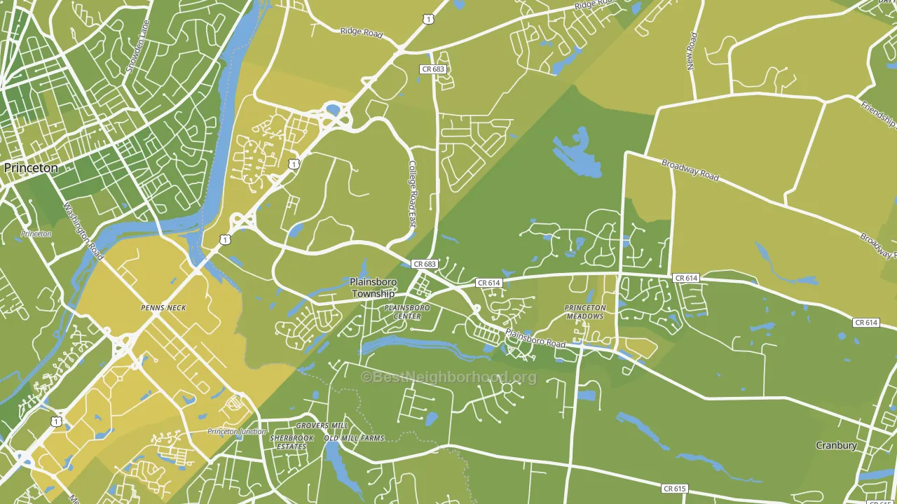 Map of the best neighborhoods in the Plainsboro area, with better matches in green and worse matches in red
