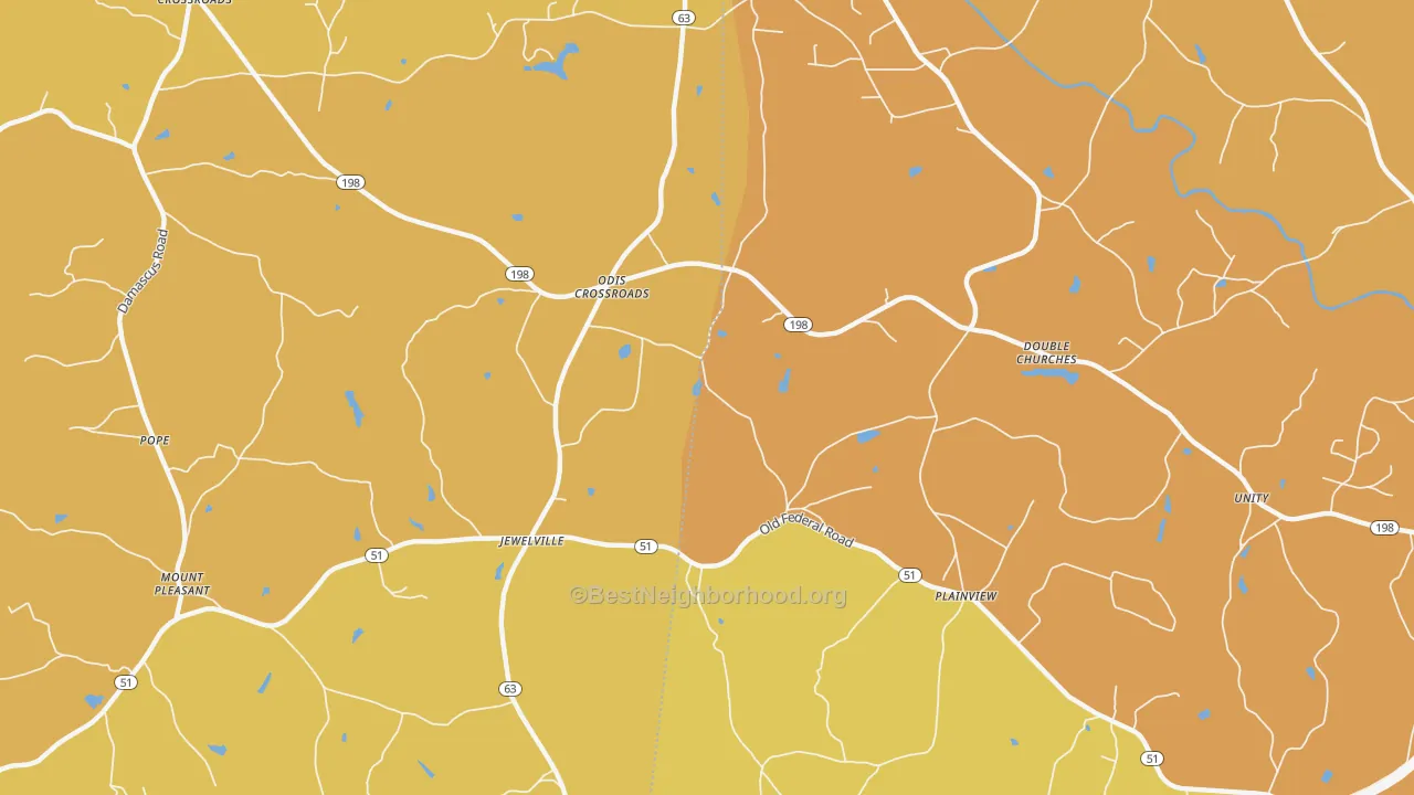 Map of the best neighborhoods in the Plainview area, with better matches in green and worse matches in red
