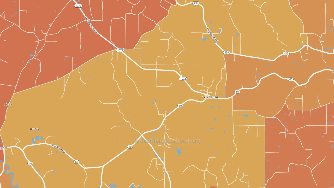 Map of the best neighborhoods in the Plainview area, with better matches in green and worse matches in red