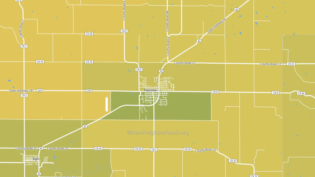 Map of the best neighborhoods in the Plainview area, with better matches in green and worse matches in red