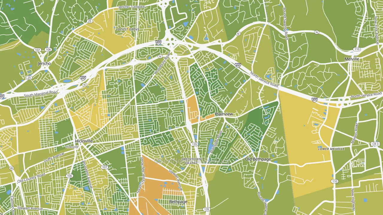 Map of the best neighborhoods in the Plainview area, with better matches in green and worse matches in red