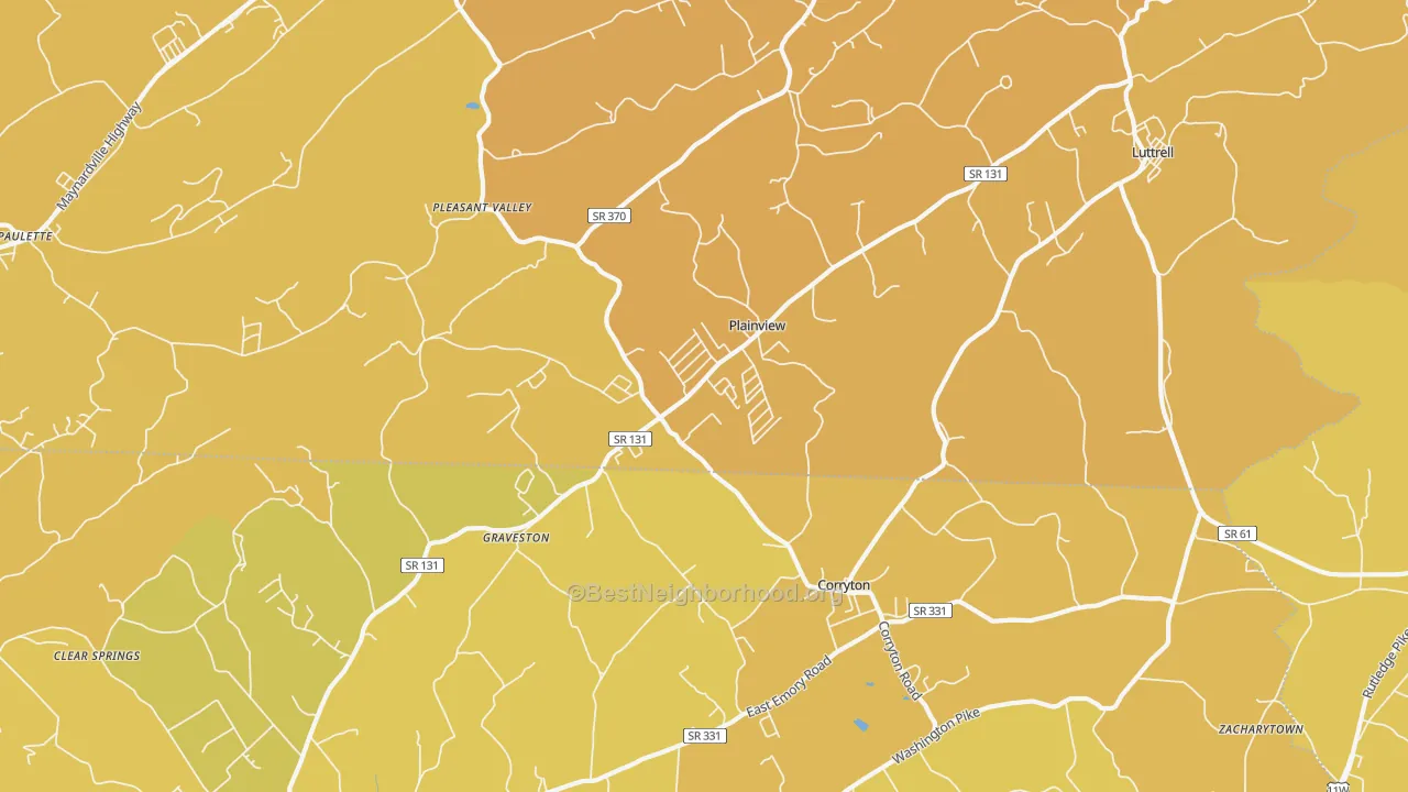 Map of the best neighborhoods in the Plainview area, with better matches in green and worse matches in red
