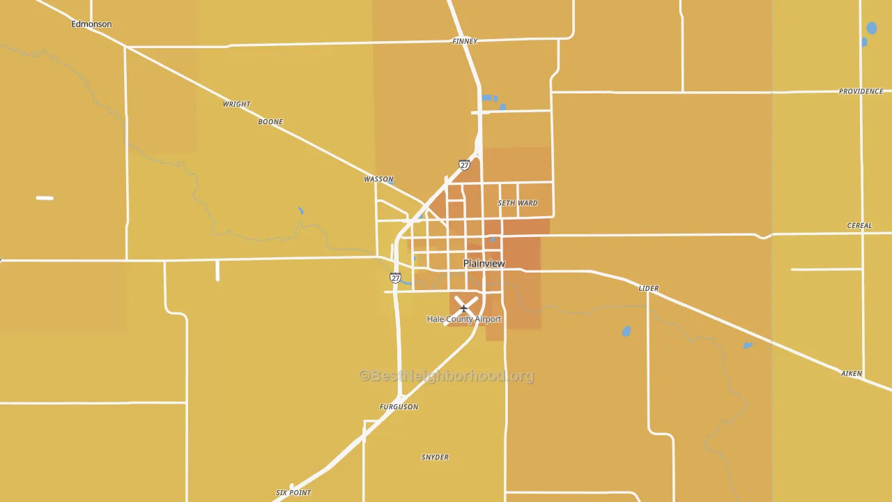 Map of the best neighborhoods in the Plainview area, with better matches in green and worse matches in red