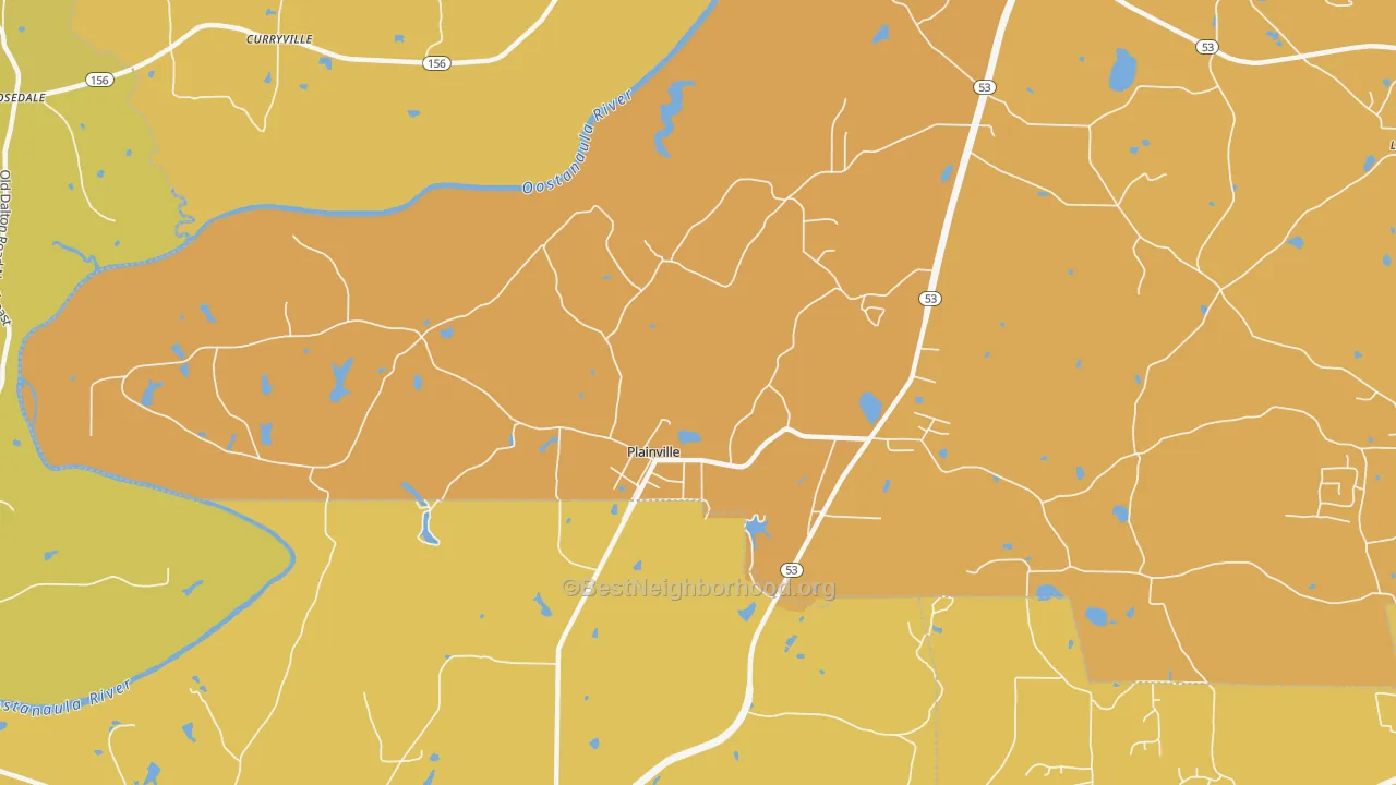 Map of the best neighborhoods in the Plainville area, with better matches in green and worse matches in red