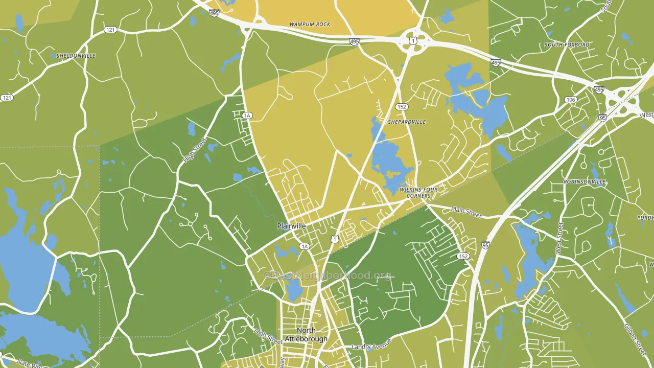 Map of the best neighborhoods in the Plainville area, with better matches in green and worse matches in red