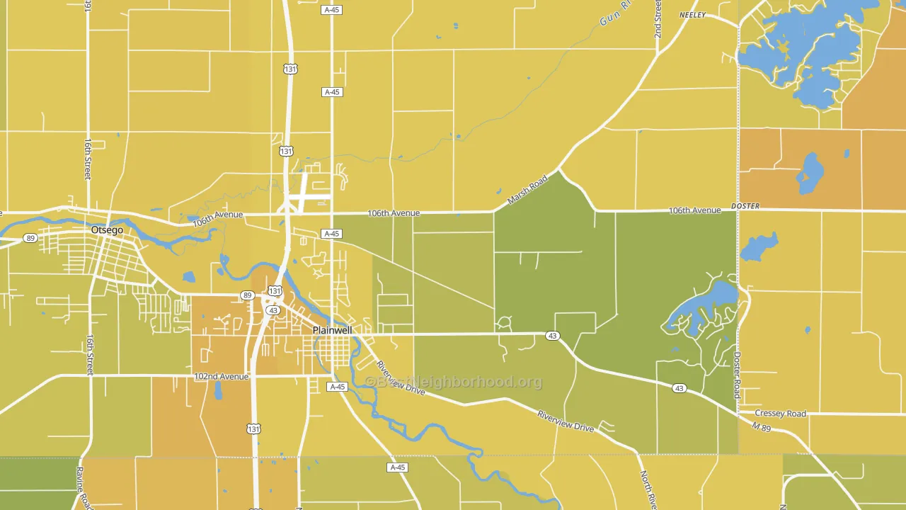 Map of the best neighborhoods in the Plainwell area, with better matches in green and worse matches in red