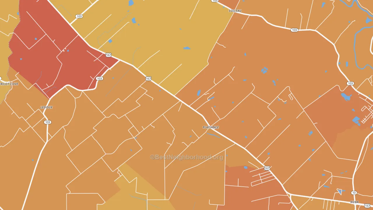 Map of the best neighborhoods in the Plaisance area, with better matches in green and worse matches in red