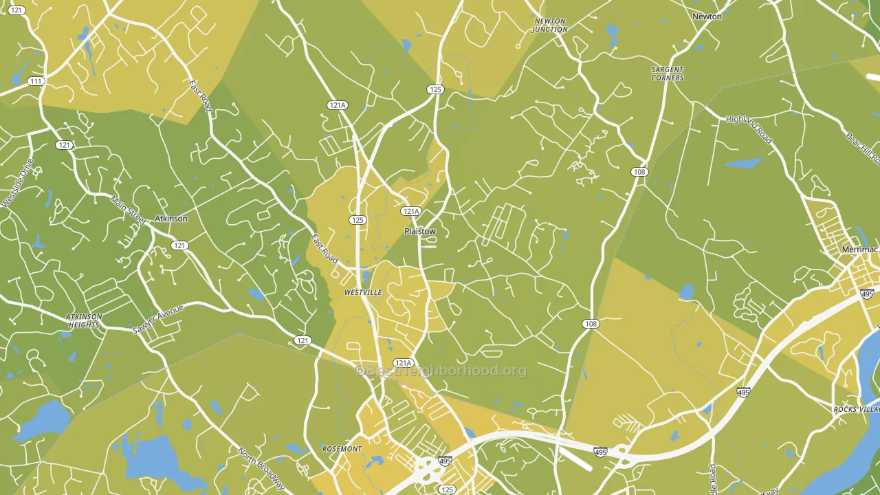 Map of the best neighborhoods in the Plaistow area, with better matches in green and worse matches in red