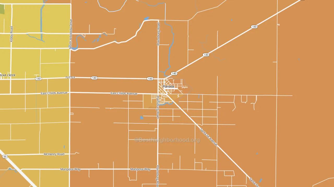 Map of the best neighborhoods in the Planada area, with better matches in green and worse matches in red