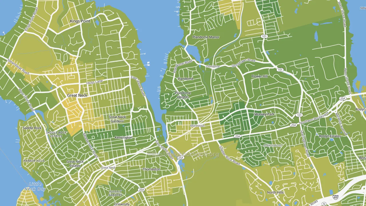 Map of the best neighborhoods in the Plandome Heights area, with better matches in green and worse matches in red