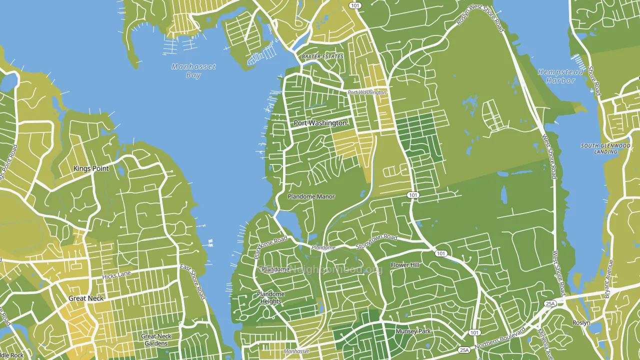 Map of the best neighborhoods in the Plandome Manor area, with better matches in green and worse matches in red