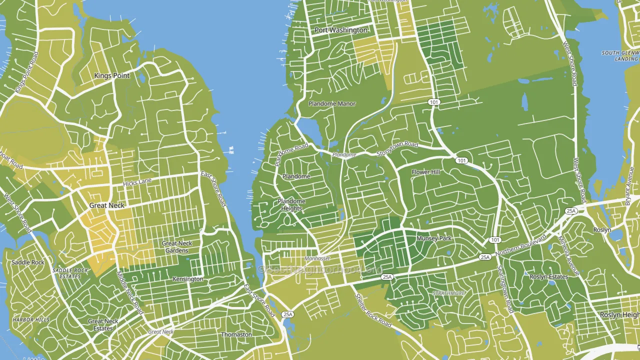 Map of the best neighborhoods in the Plandome area, with better matches in green and worse matches in red