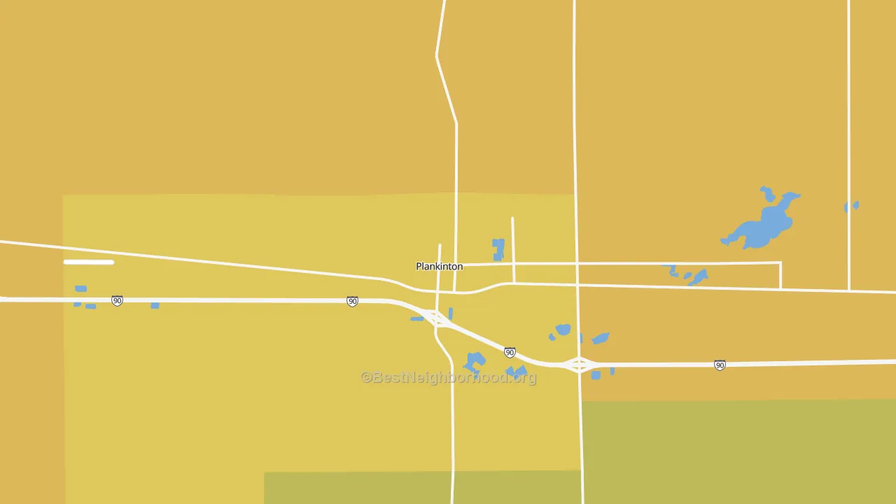 Map of the best neighborhoods in the Plankinton area, with better matches in green and worse matches in red