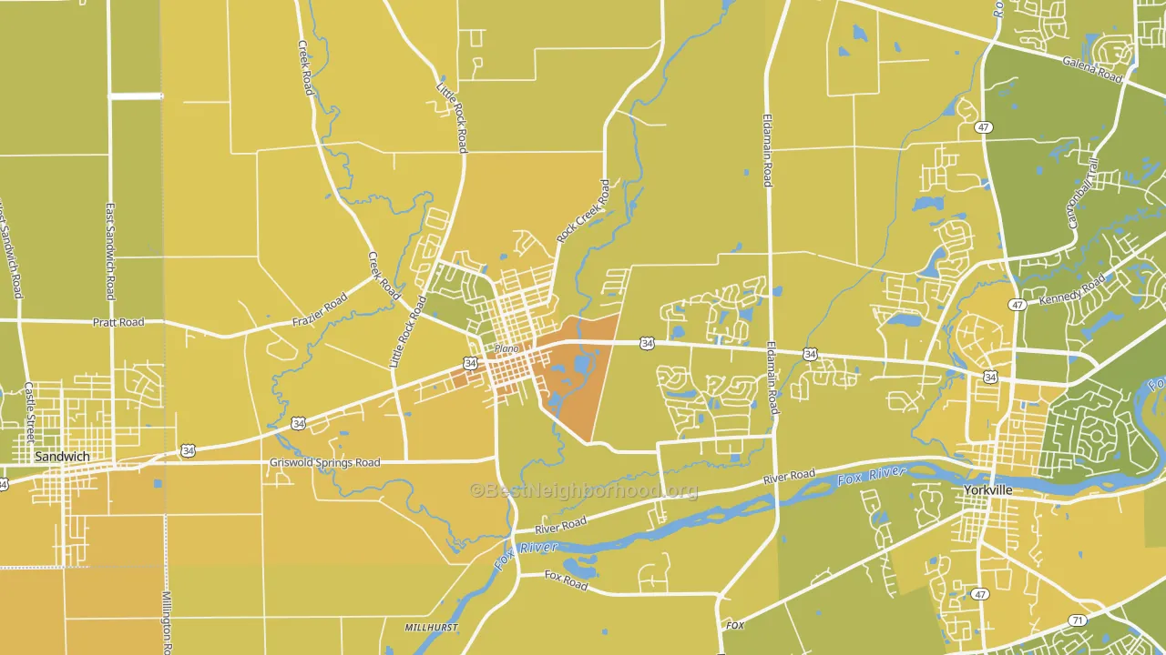 Map of the best neighborhoods in the Plano area, with better matches in green and worse matches in red