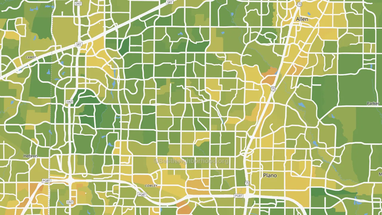 Map of the best neighborhoods in the Plano area, with better matches in green and worse matches in red