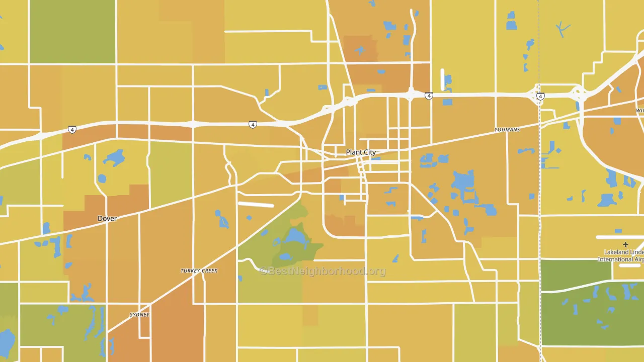 Map of the best neighborhoods in the Plant City area, with better matches in green and worse matches in red