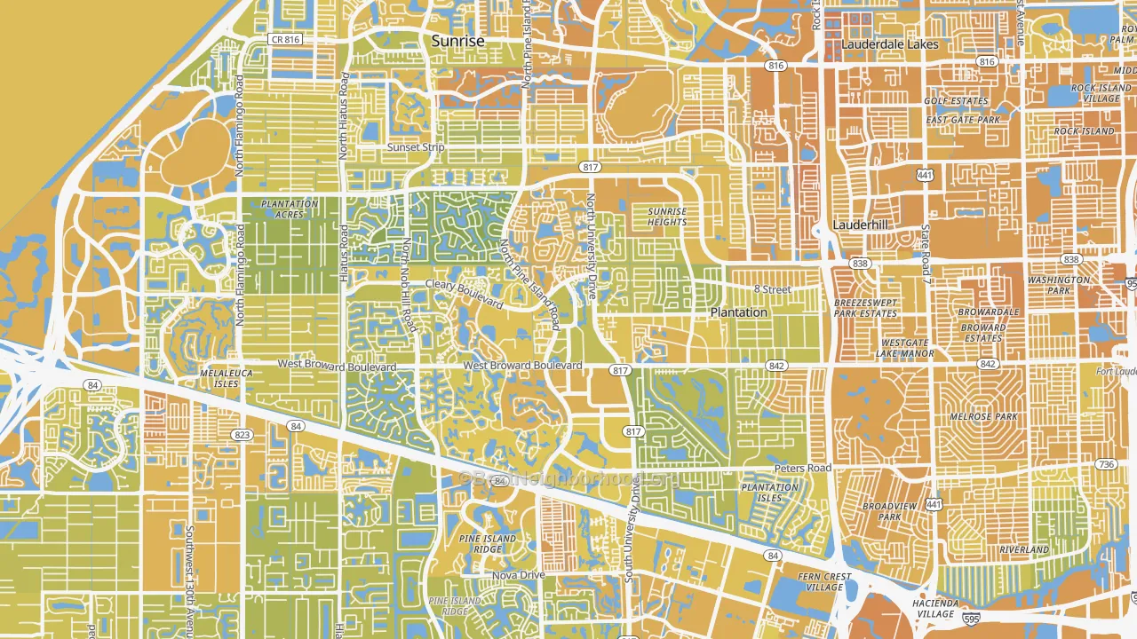 Map of the best neighborhoods in the Plantation area, with better matches in green and worse matches in red