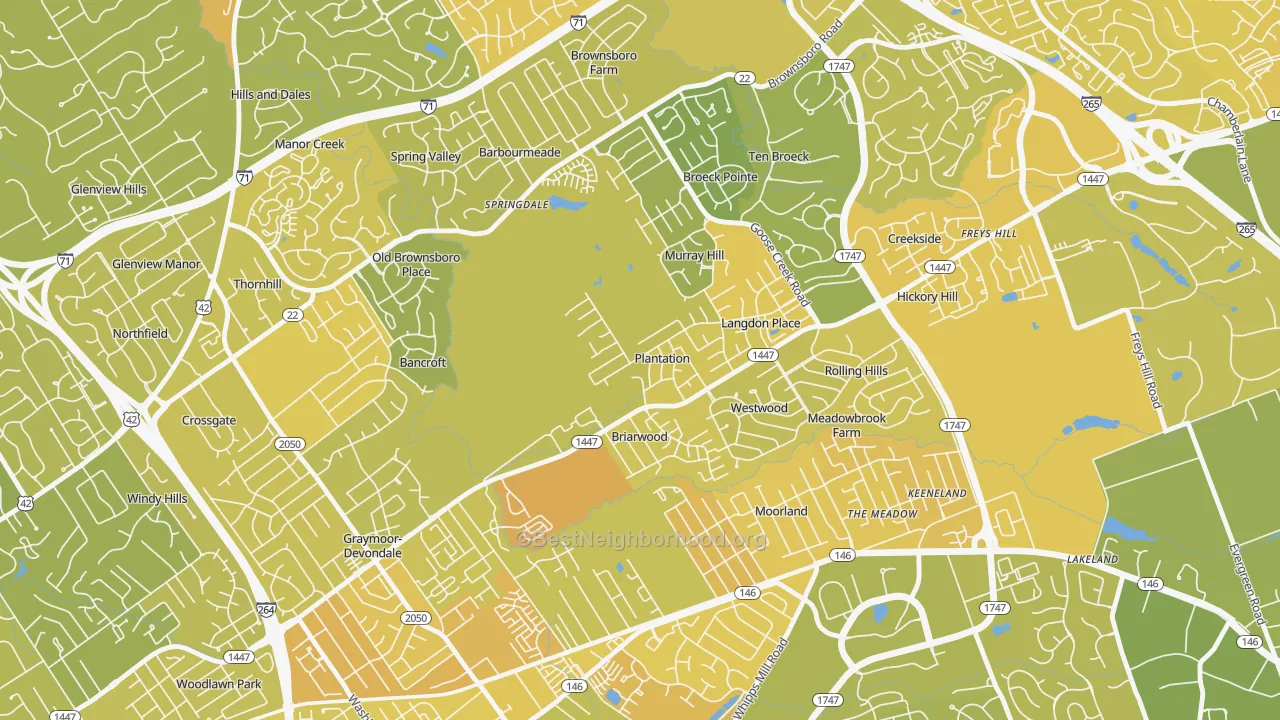 Map of the best neighborhoods in the Plantation area, with better matches in green and worse matches in red