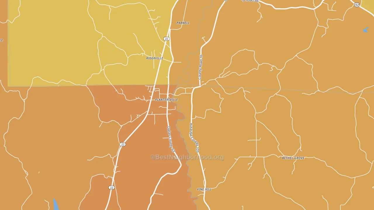 Map of the best neighborhoods in the Plantersville area, with better matches in green and worse matches in red