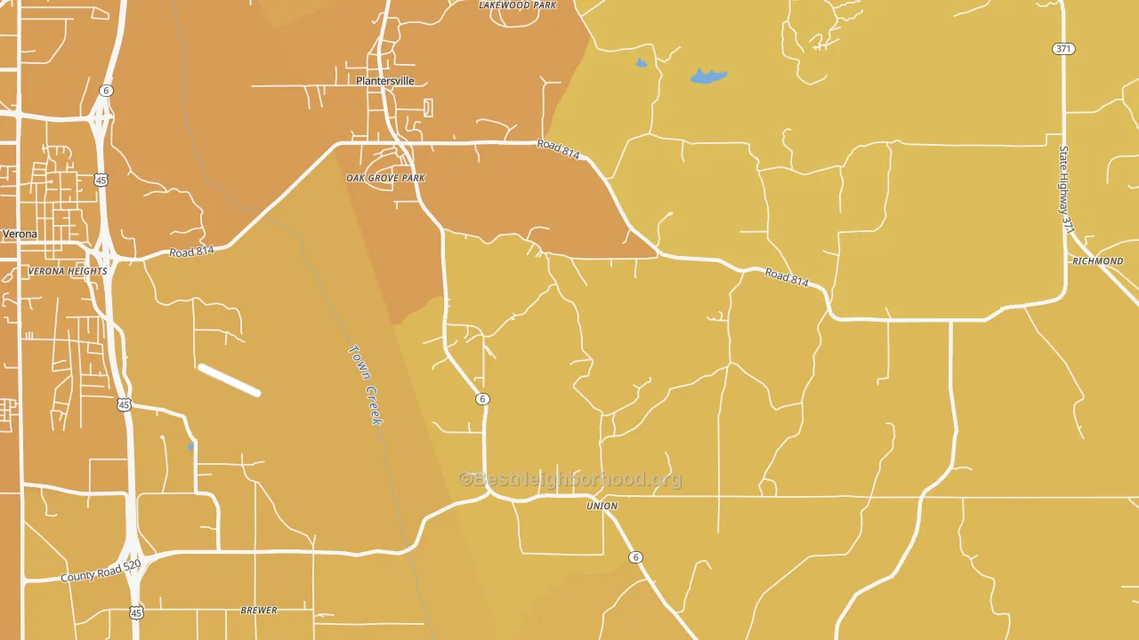 Map of the best neighborhoods in the Plantersville area, with better matches in green and worse matches in red