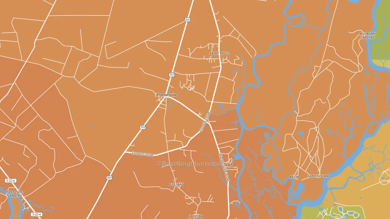Map of the best neighborhoods in the Plantersville area, with better matches in green and worse matches in red