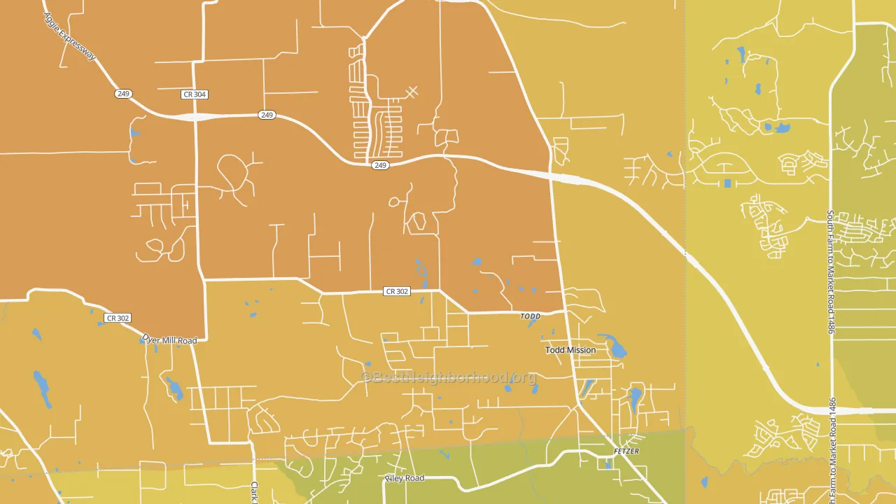 Map of the best neighborhoods in the Plantersville area, with better matches in green and worse matches in red