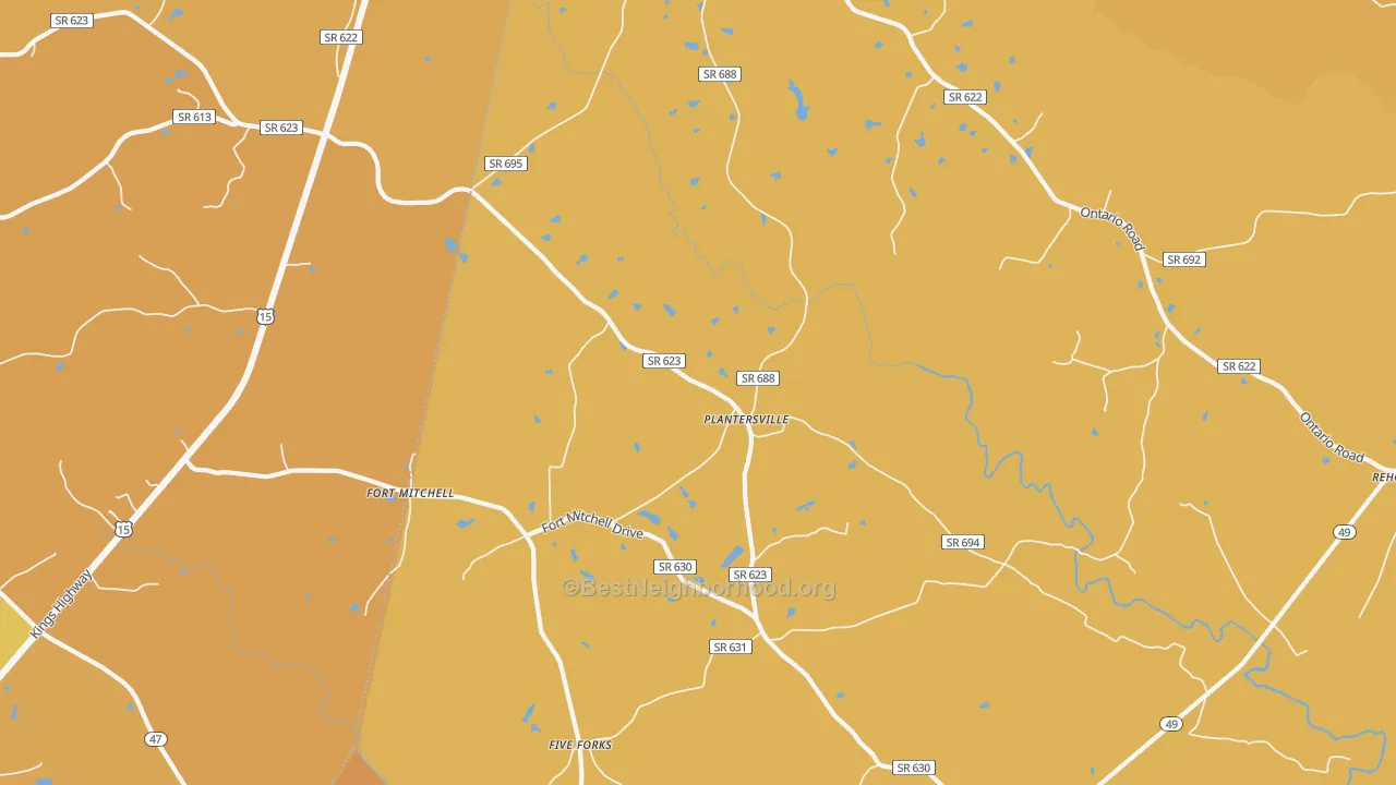 Map of the best neighborhoods in the Plantersville area, with better matches in green and worse matches in red