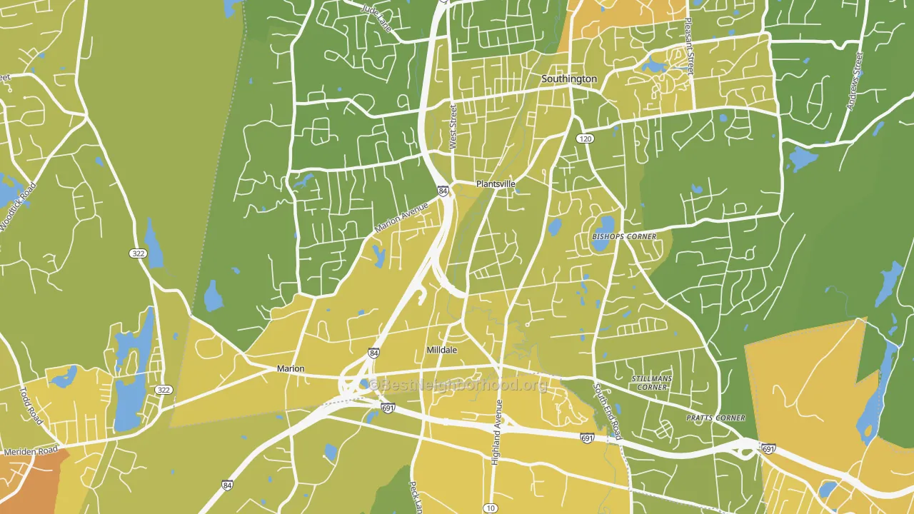 Map of the best neighborhoods in the Plantsville area, with better matches in green and worse matches in red