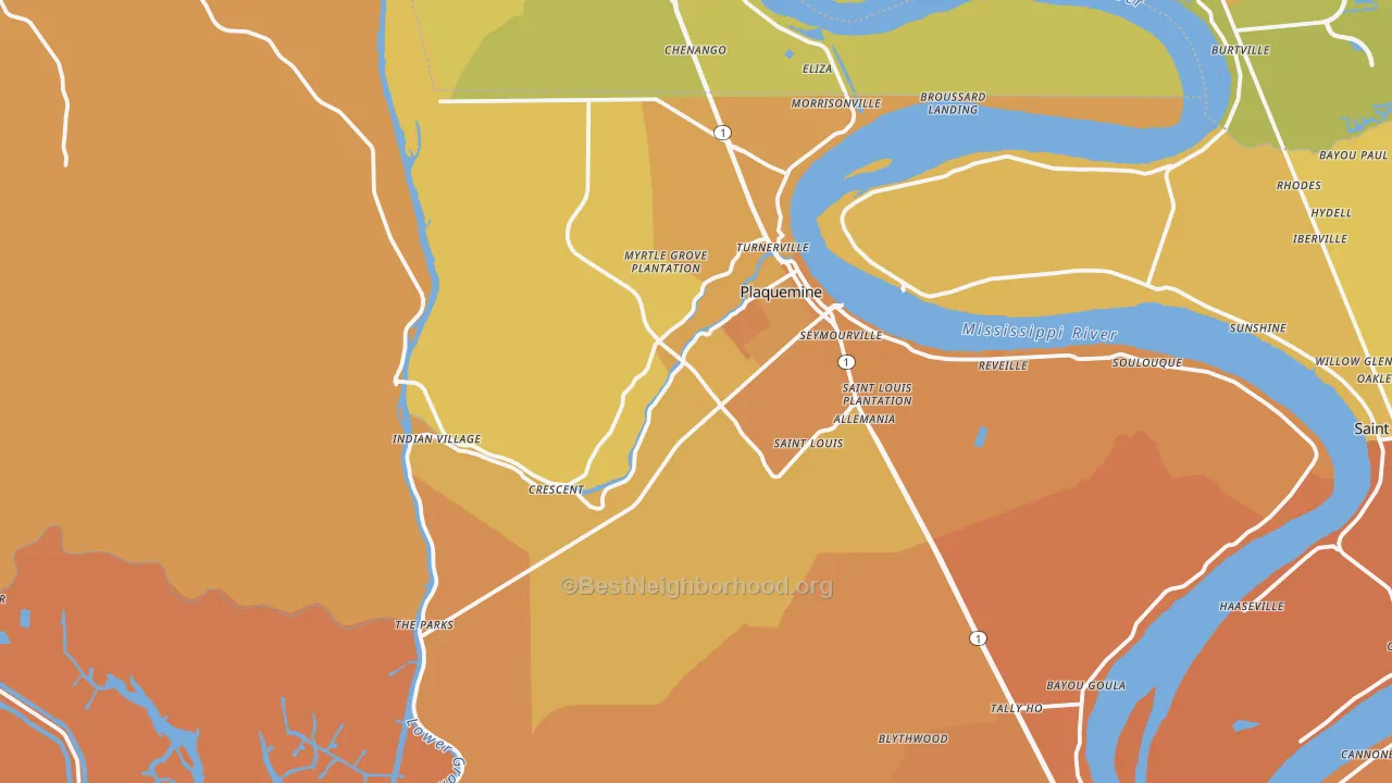 Map of the best neighborhoods in the Plaquemine area, with better matches in green and worse matches in red