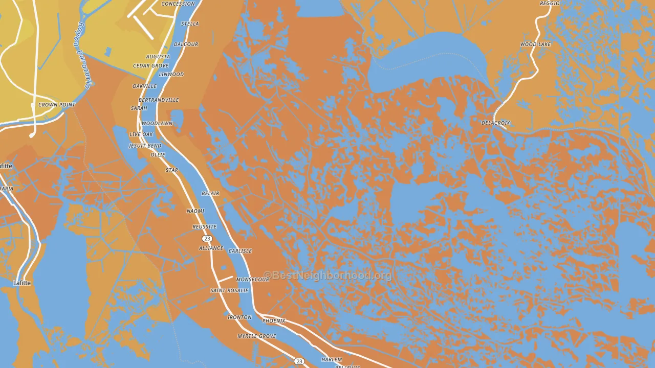 Map of the best neighborhoods in the Plaquemines Parish area, with better matches in green and worse matches in red