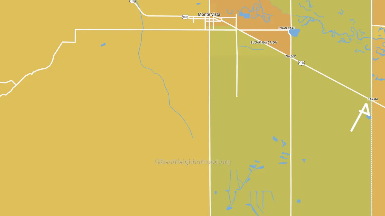 Map of the best neighborhoods in the Platoro area, with better matches in green and worse matches in red